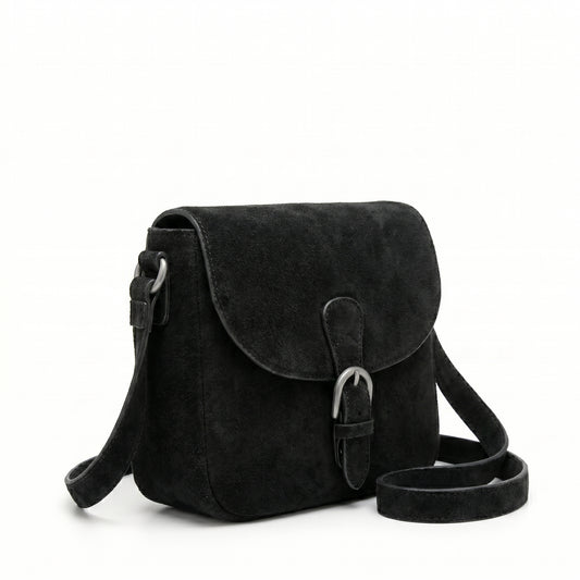 Black Suede Crossbody Handbag by Bagsha, Medium Size
