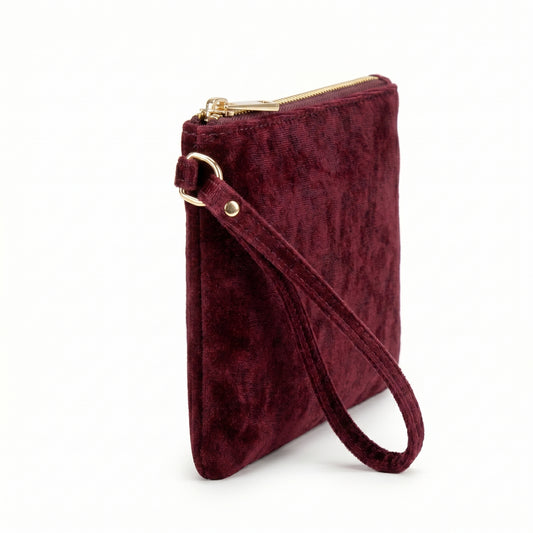 Maroon Velvet Wristlet Clutch, Medium Size